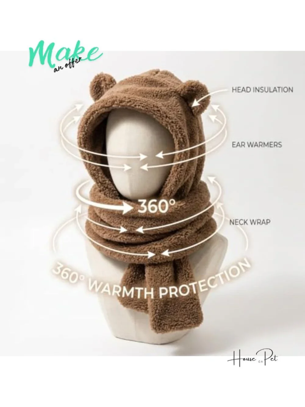 Kawaii Bear Ear Beanie Hat Scarf 2 in 1 Sherpa Fleece Fuzzy Winter Warm